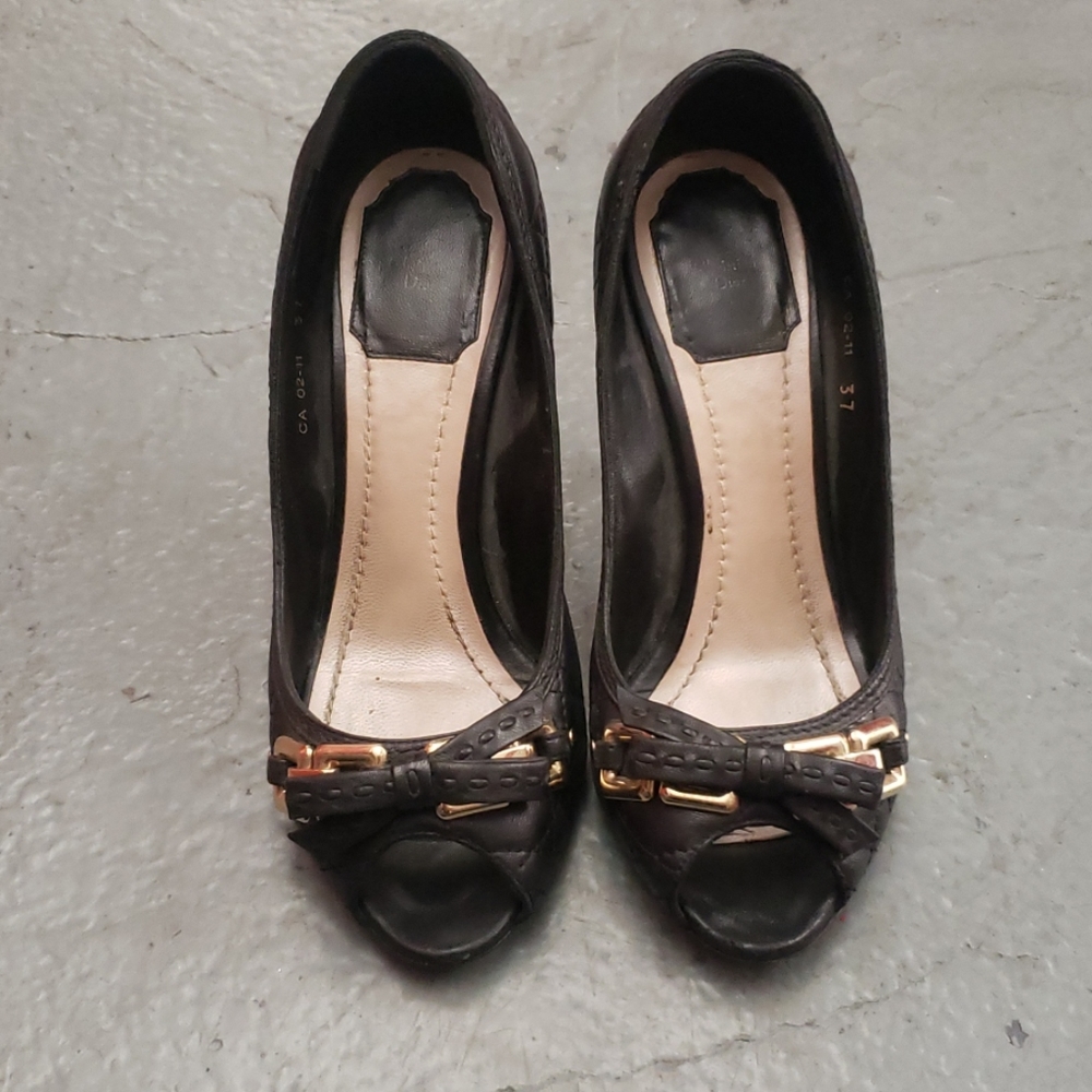 Dior Black Cannage Leather Bow Peep Toe Heels
